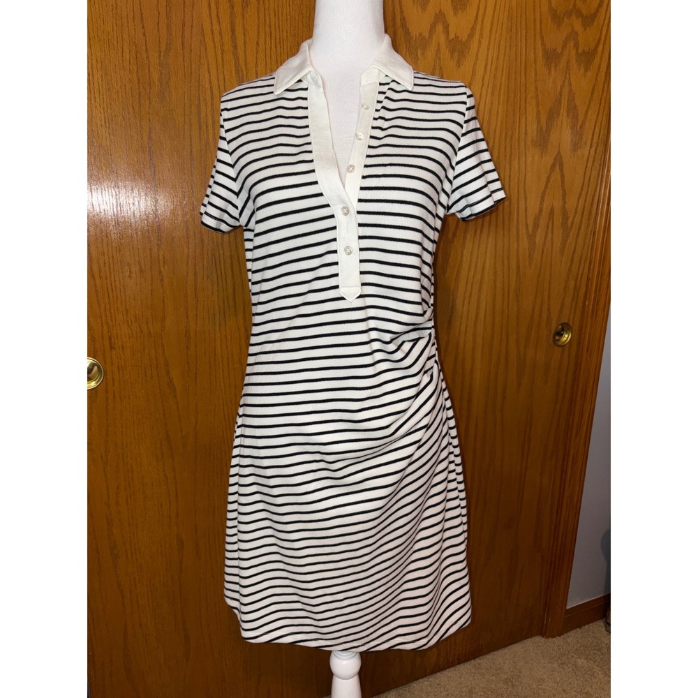Sundry Womens Black White Striped Ruched Polo Dress Size Medium Short Sleeve